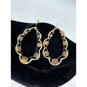 Gold Tone Large Oval Earings with Tan Stones Marked 'KC"